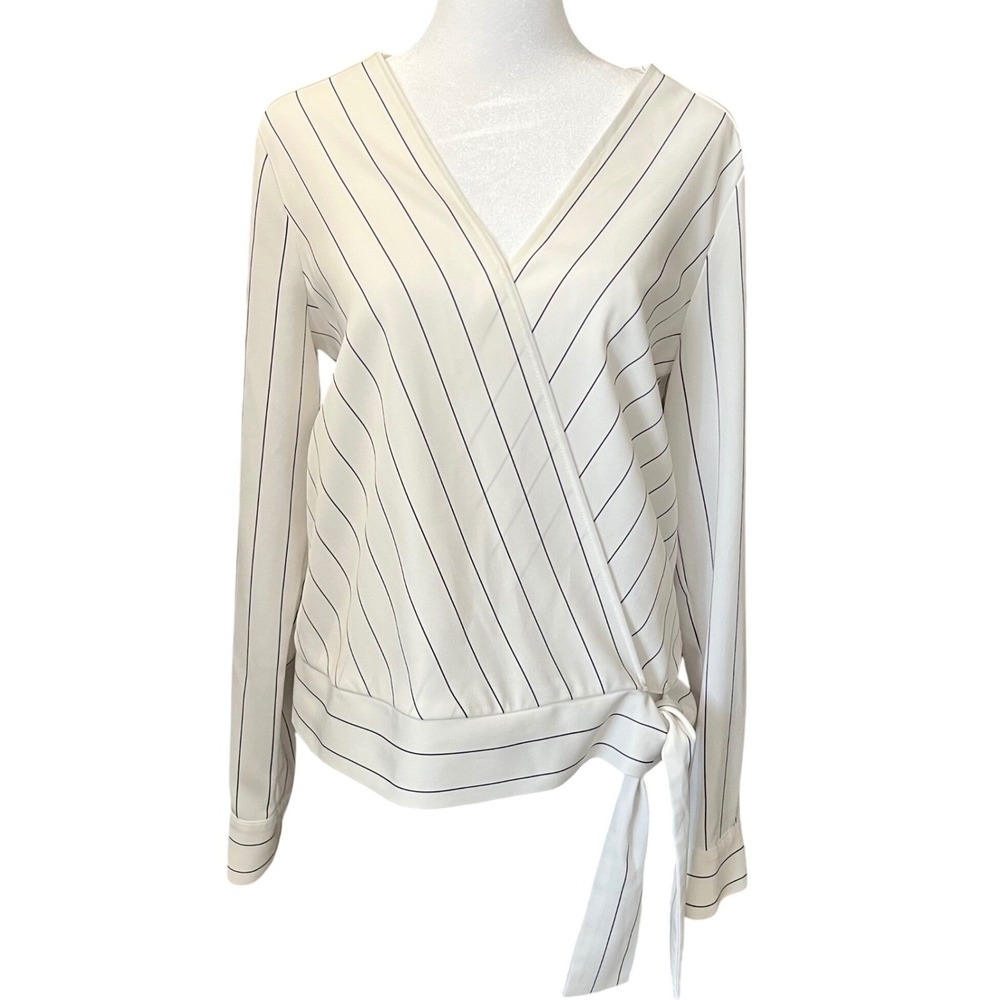 NWOT Alex Marie White & Black Striped Wrap Tie Long Sleeve Blouse Top Size S